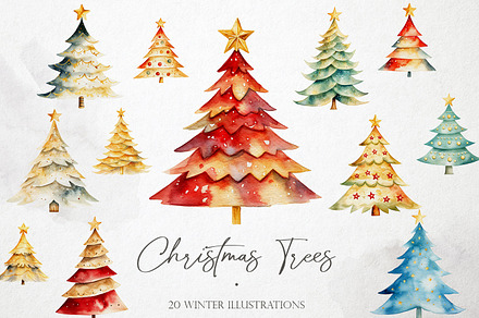 20 Watercolor Christmas Trees - PNG