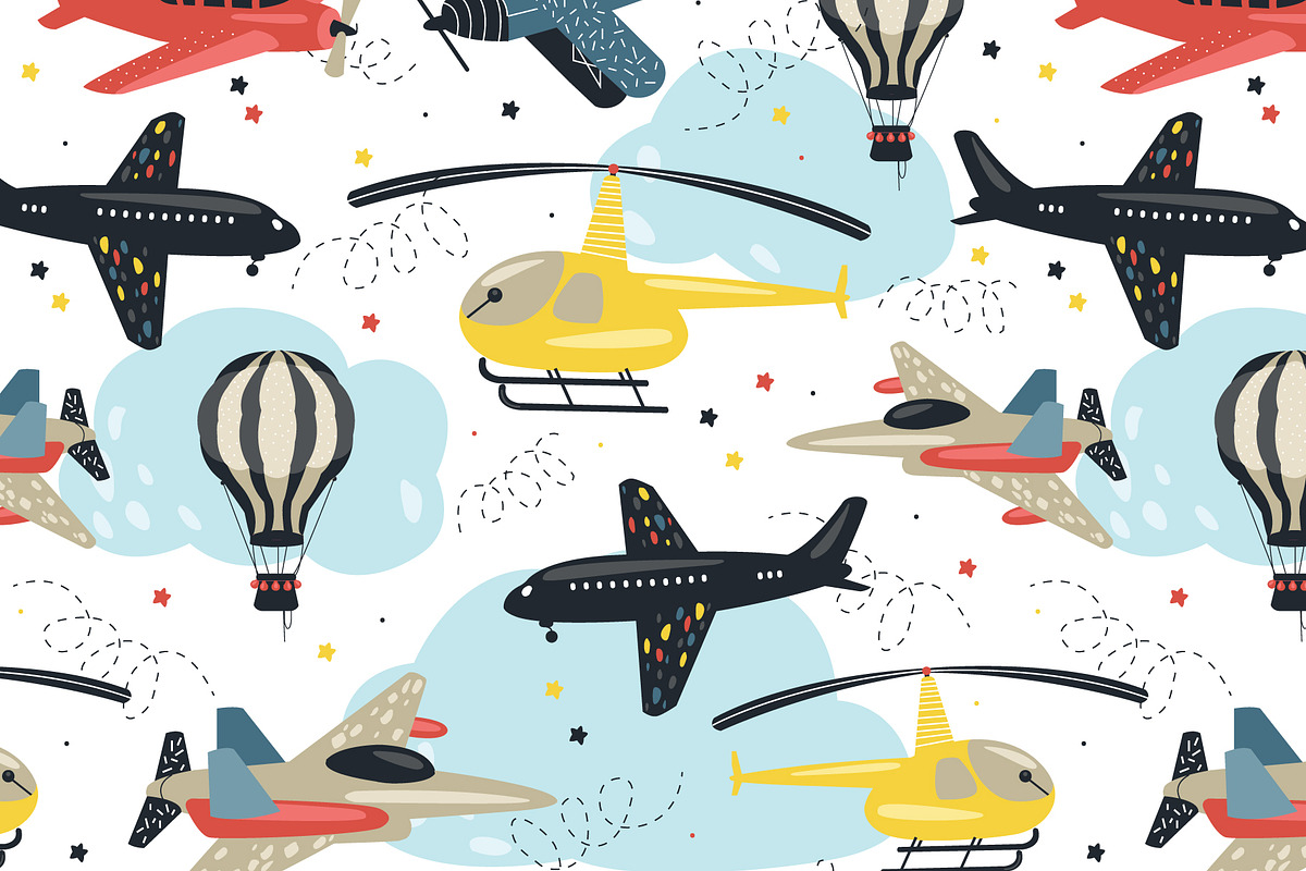 Seamless patterns with air transport, an Object Illustration by narinadraban (Photo 2 of 6)