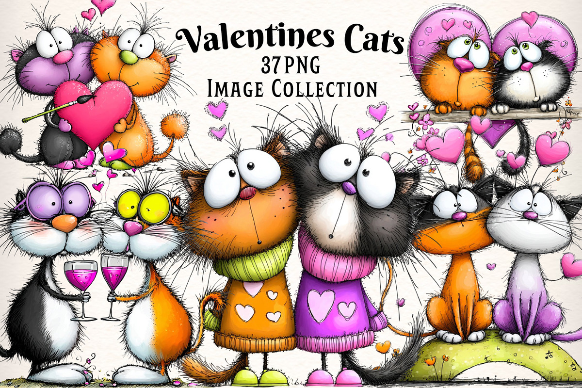 Quirky Valentines Cats Clipart, an Illustration by Dream Creation (Photo 1 of 7)