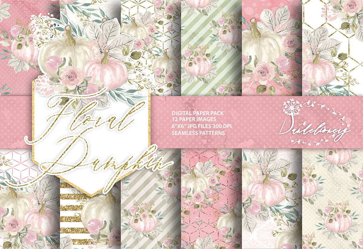 Floral Pumpkin digital paper pack, a Pattern Graphic by designloverstudio