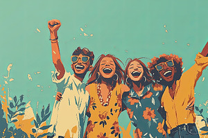 Group of four friends celebrating and laughing outdoors during a sunny day, an Illustration by AS photostudio