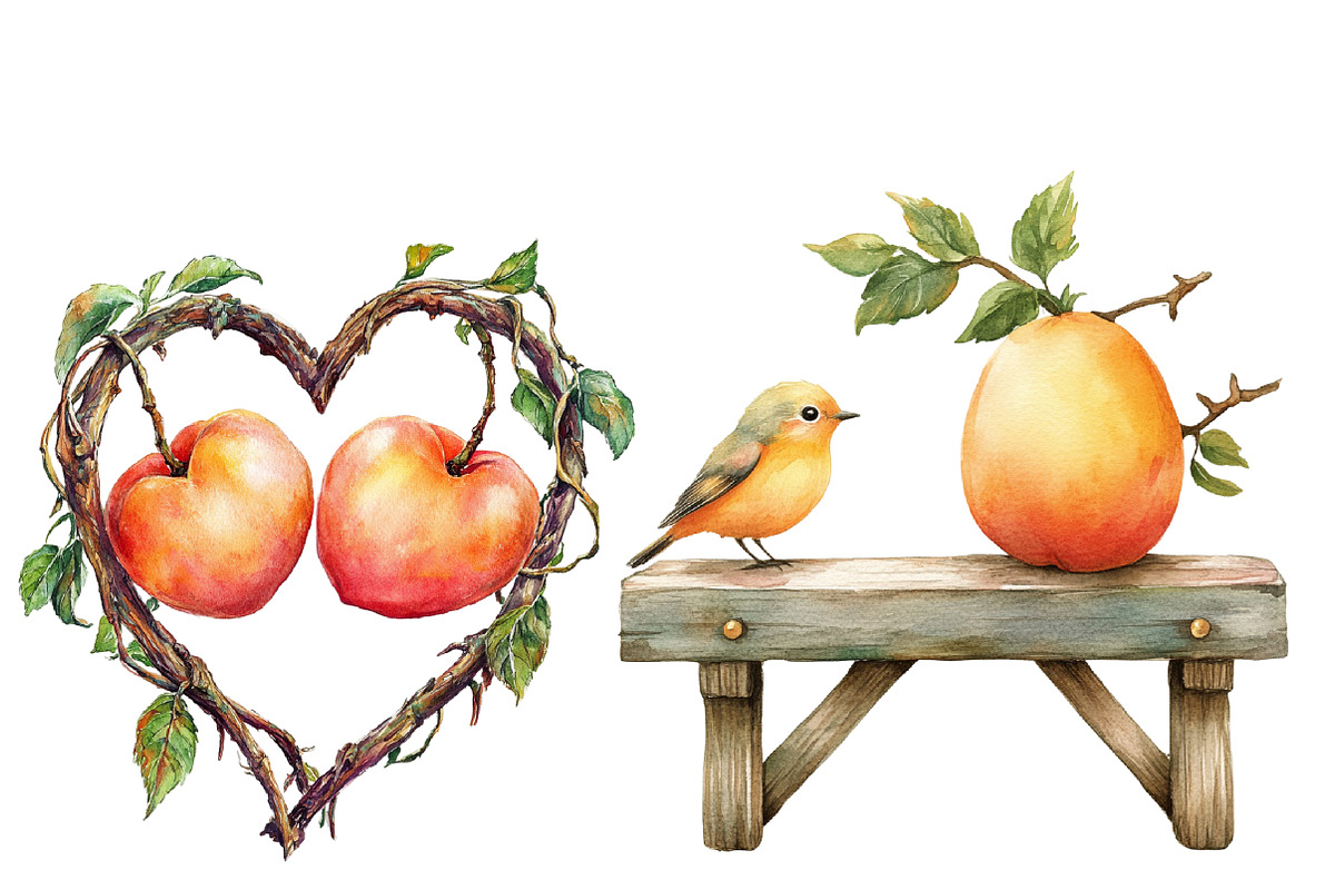 Watercolor Cute Peaches Garden Fruit, an Illustration by Designworld (Photo 6 of 7)