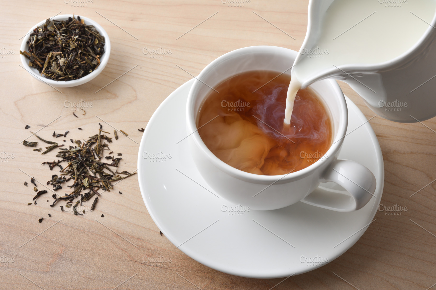 Cup of hot tea and milk on a wooden tray, a Food & Drink Photo by Davizro's Market