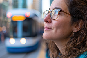 Thoughtful woman waiting at tram station in city, a Person Photo by AlyaAnd