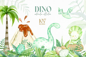 Watercolor Dinosaurs. Birthday Baby