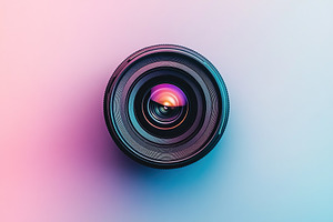 New camera lens on colorful background, a Technology Photo by AlyaAnd