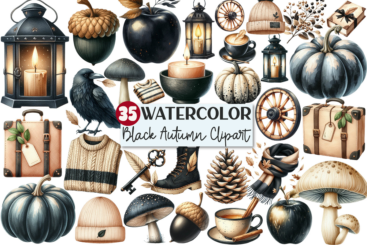 Watercolor Beige & Black Autumn Clip, an Illustration by Rose Art (Photo 1 of 7)
