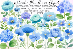 Watercolor Blue Flowers Clipart Set, an Illustration by Sublimation Artist