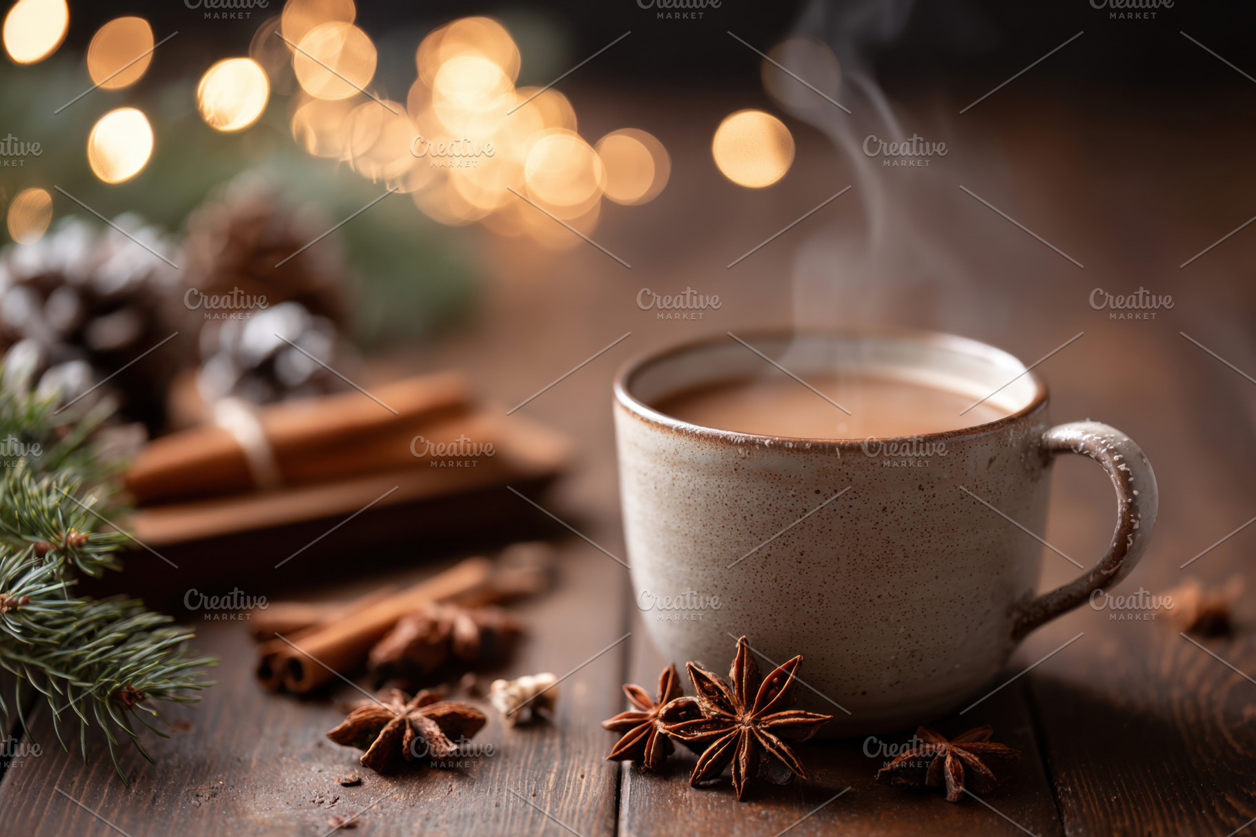Cozy cup of coffee with spices and bokeh lights, a Food & Drink Photo by AlyaAnd