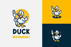 Duck Mascot Holding Fork Restaurant, a Branding & Logo Template by funpixel