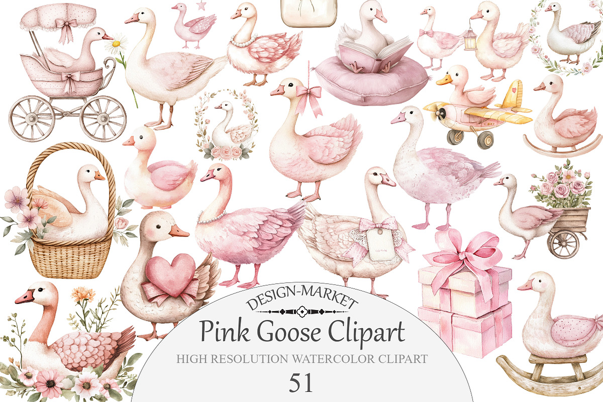 Watercolor Pink Goose Clipart, an Illustration by Design Market (Photo 1 of 5)