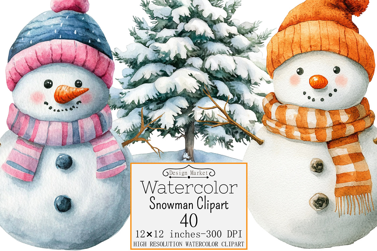 Watercolor Snowman Clipart, a Seasonal Illustration by Design Market (Photo 1 of 4)