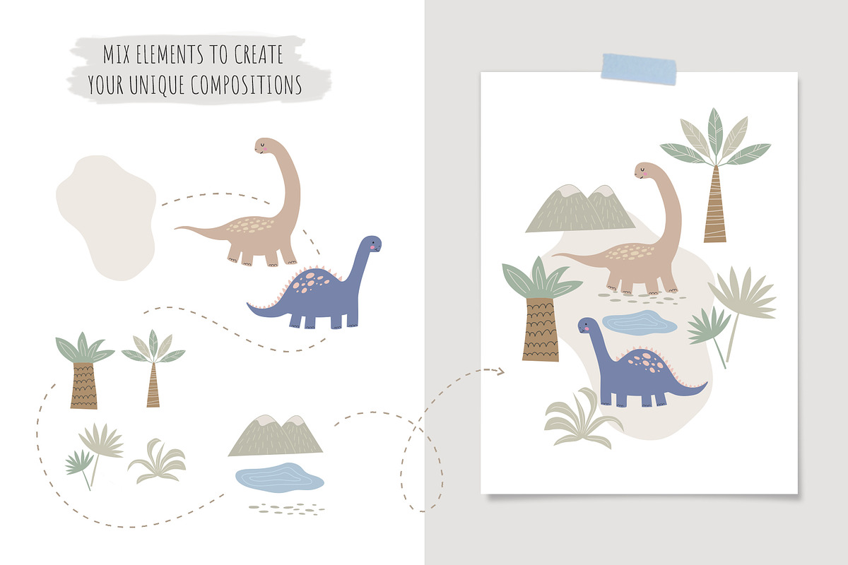 CuteDino clipart, patterns & posters, an Animal Illustration by Nadezhda Mikhailova (Photo 10 of 14)