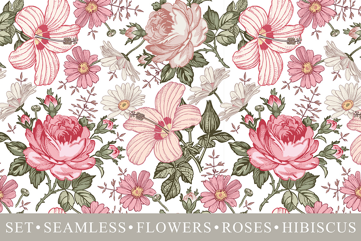 Set Seamless Flowers Rose Hibiscus, a Pattern Graphic by Vintage (Photo 1 of 10)