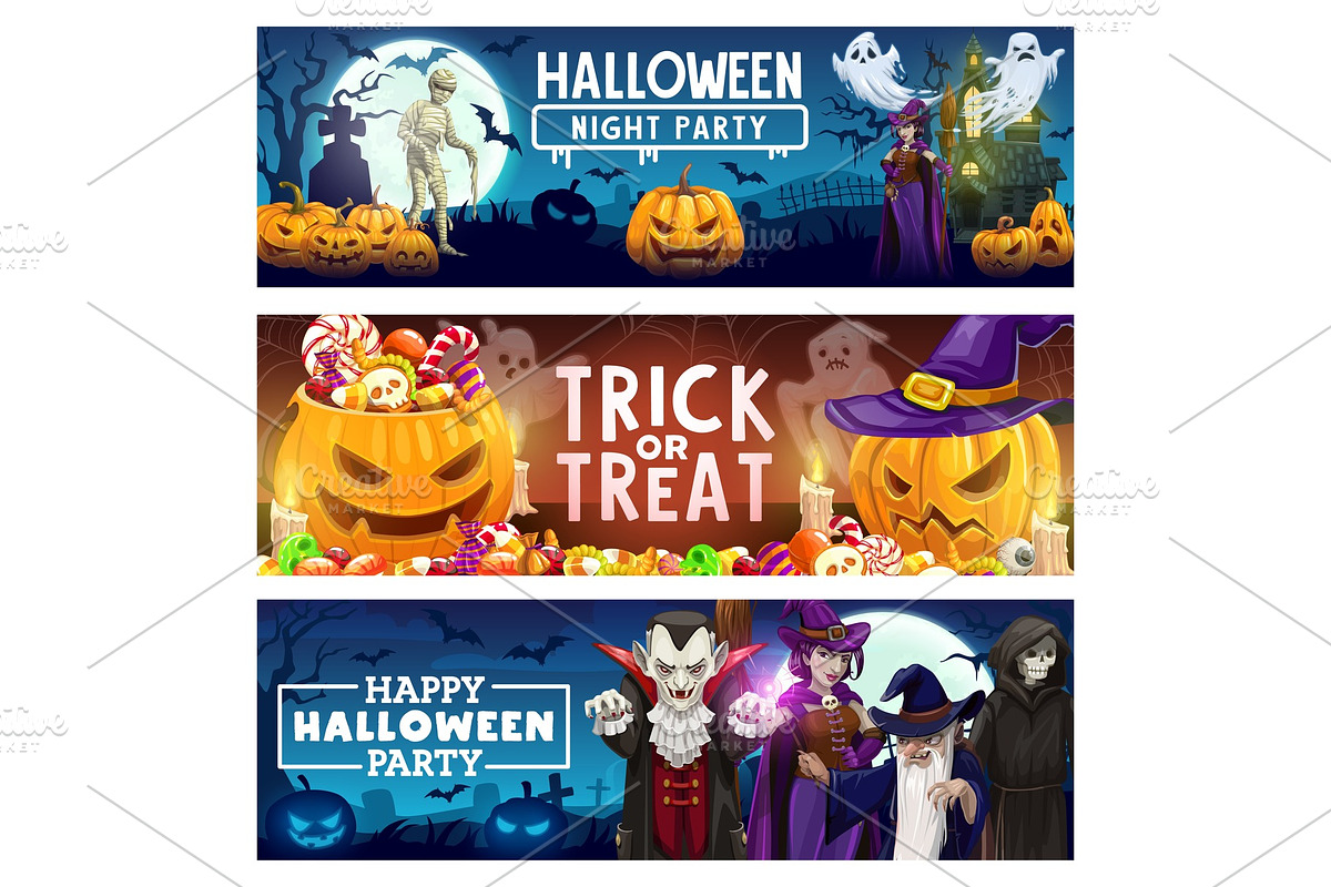Halloween pumpkins, candies, ghost, an Illustration by Vector Tradition
