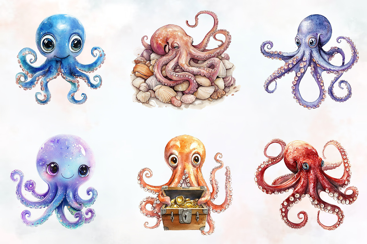Octopus Watercolor ClipArt's, an Illustration by RobertsArt (Photo 7 of 7)