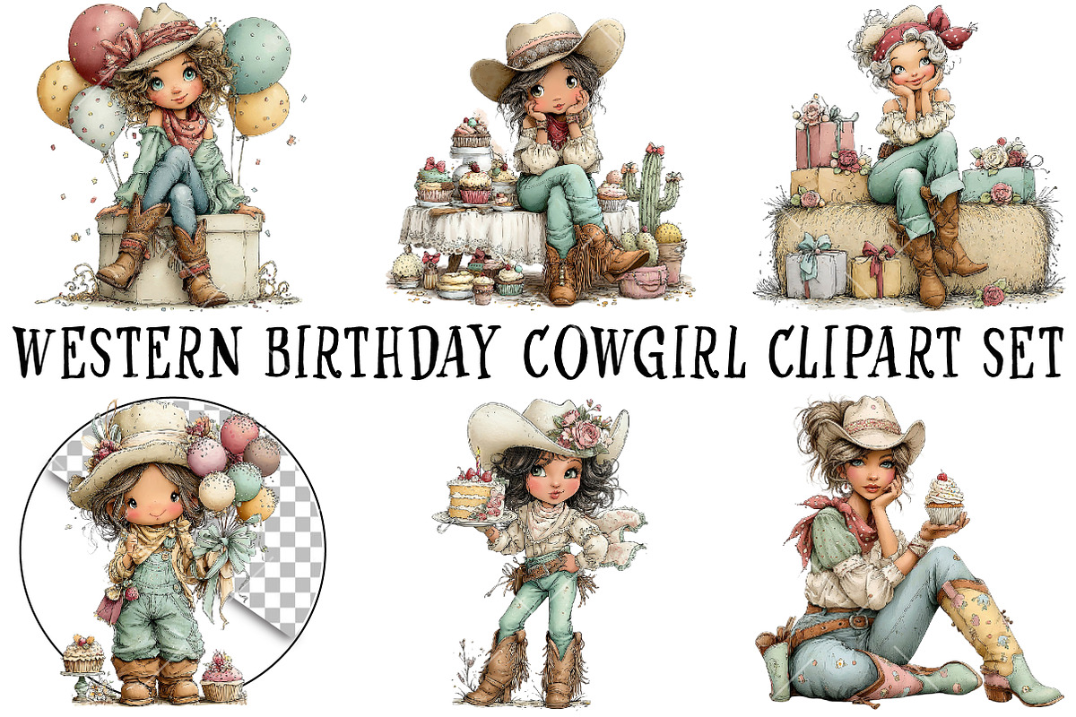 Western Birthday Cowgirl Clipart Set, a Seasonal Illustration by OK Design (Photo 2 of 6)