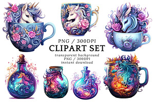 7 Unicorn Bottle Cup Clip Art