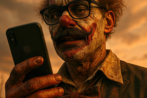 clown with glasses and phone, generative AI, a Photo by Nito