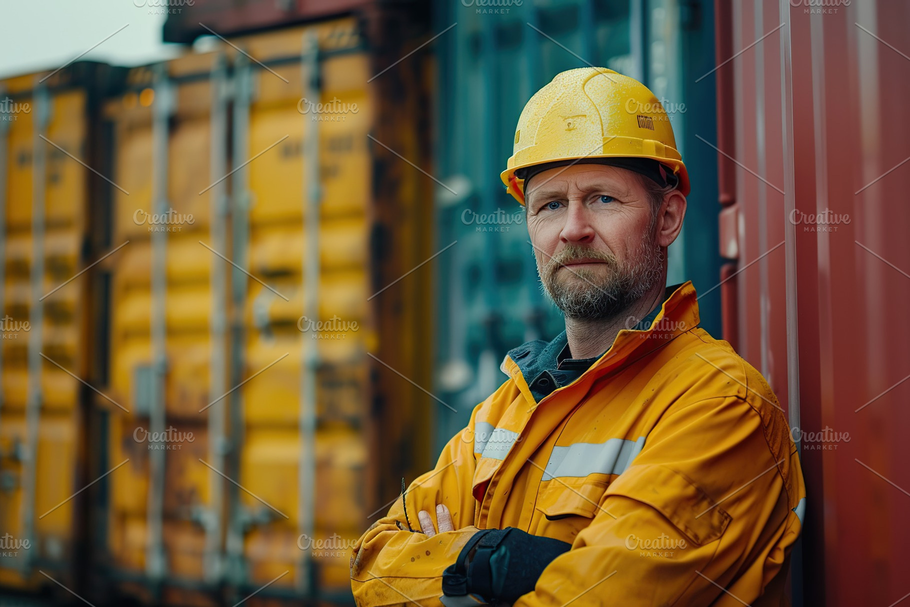 Male worker in uniform standing on containers yard, a Photo by AlyaAnd