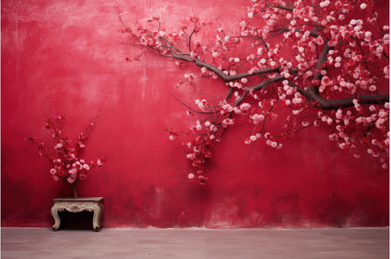 Ornamental Sakura red wall without, a Nature Photo by Ylivdesign