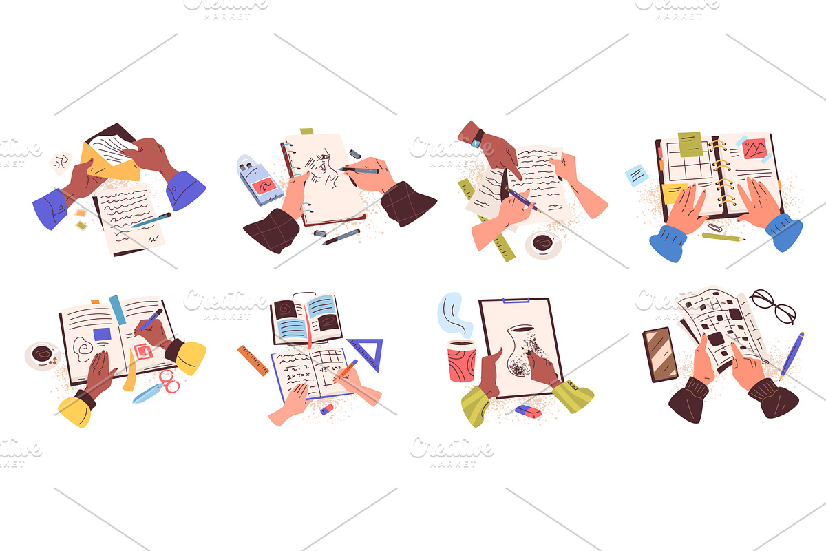Hands write top view. Woman hand, an Education Illustration by Stock-Smart-Start