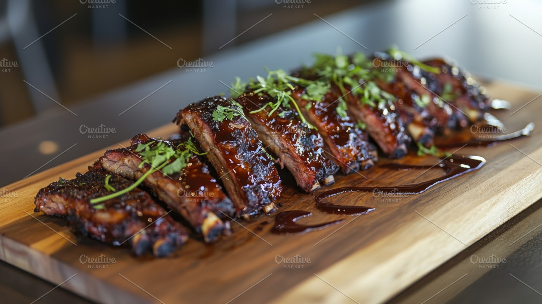 Tasty ribs on wood board, a Photo by Beautiful things