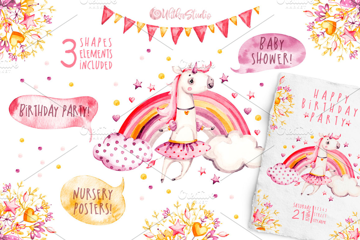 Unicorns Life. Watercolor collection, an Animal Illustration by UlitkaStudio (Photo 11 of 29)