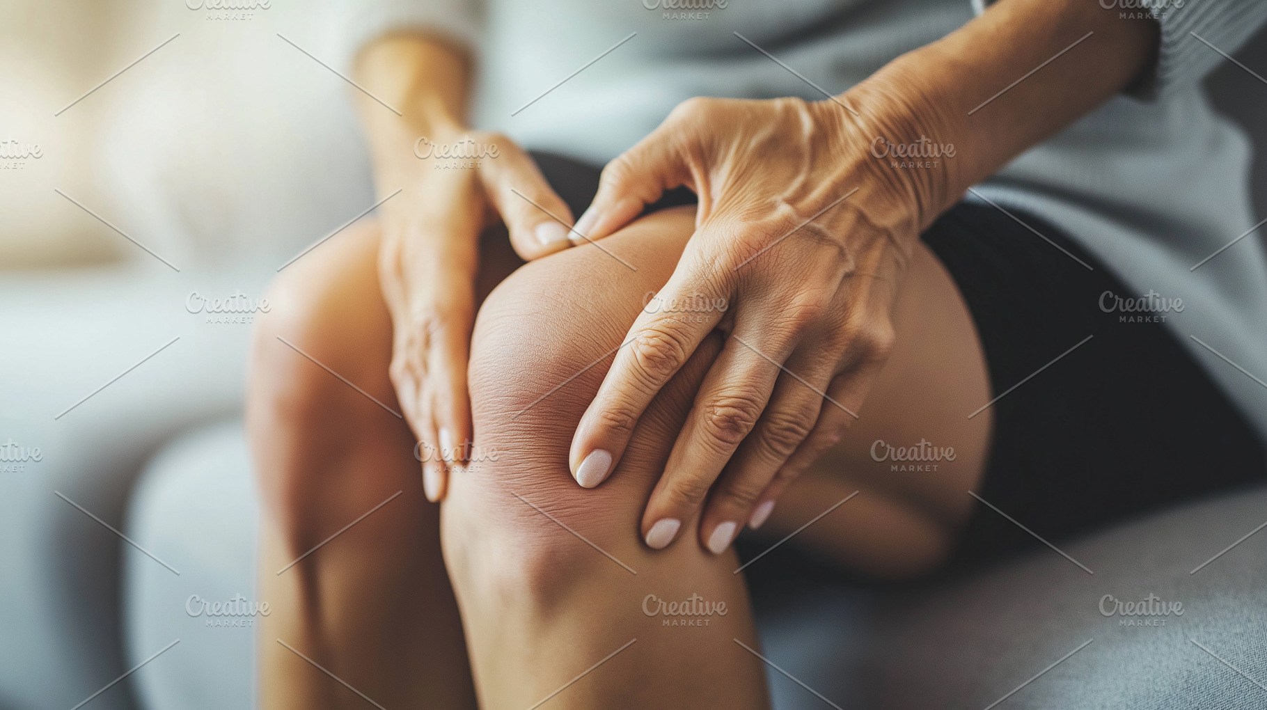Female hands rubbing sore knee, a Health & Medical Photo by MistyDay
