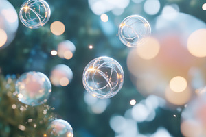 Christmas baubles floating in dreamy, a Photo by Dvoevnore photos