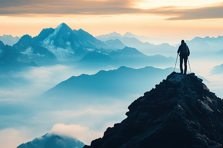 Silhouette of a hiker standing on a, a Background Photo by Pixeness