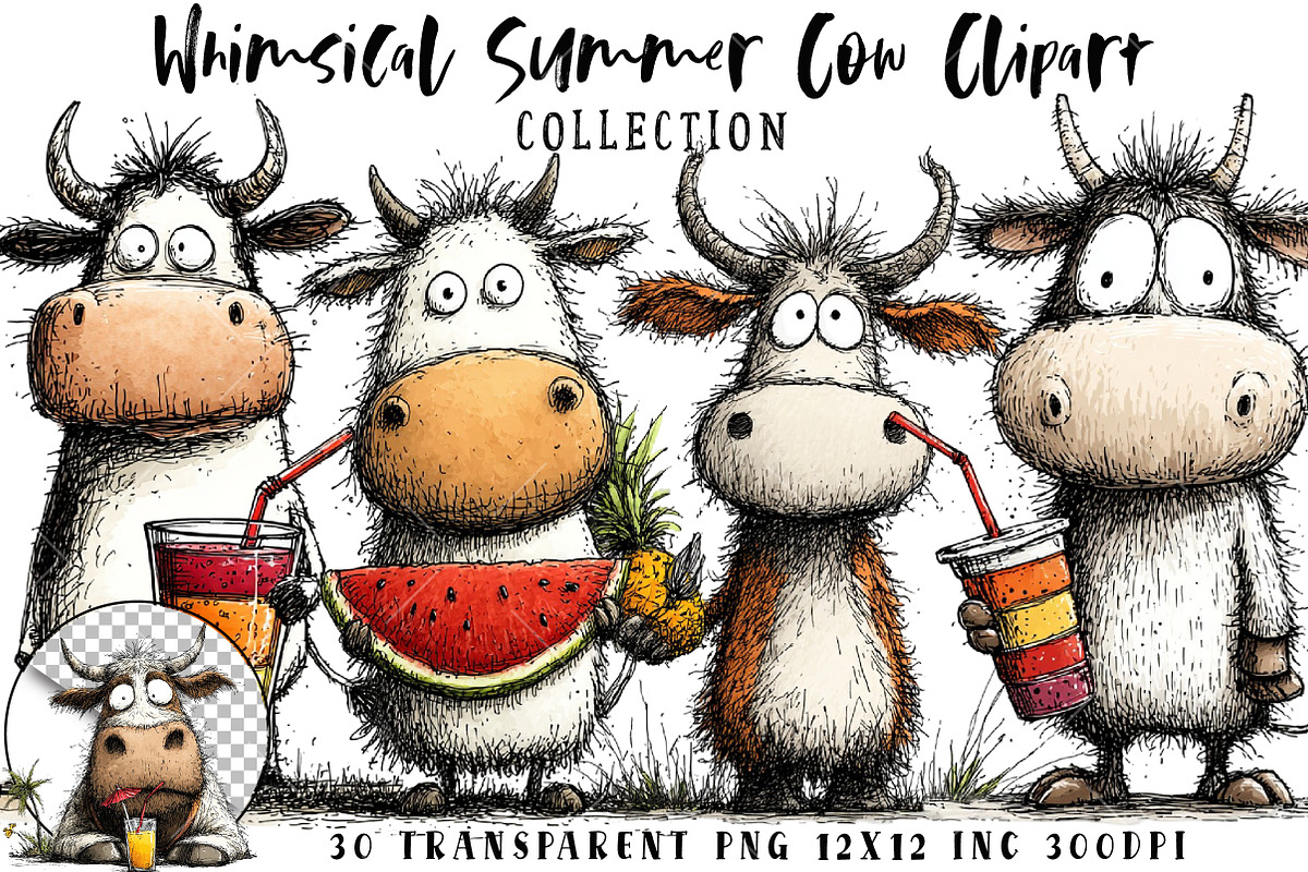 Whimsical Summer Cow Clipart, an Illustration by OK Design (Photo 1 of 6)