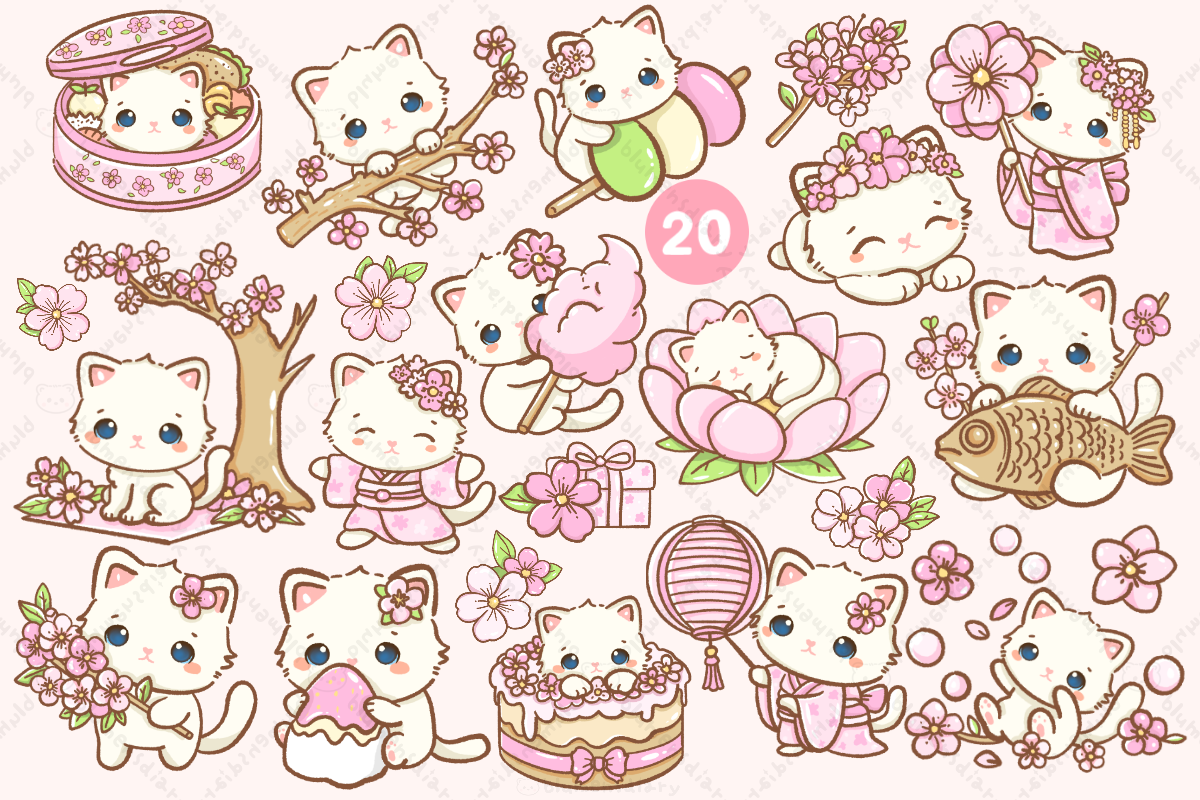 Cute Kawaii Cat Clipart PNG Bundle, an Animal Illustration by Blumensdiary (Photo 8 of 11)