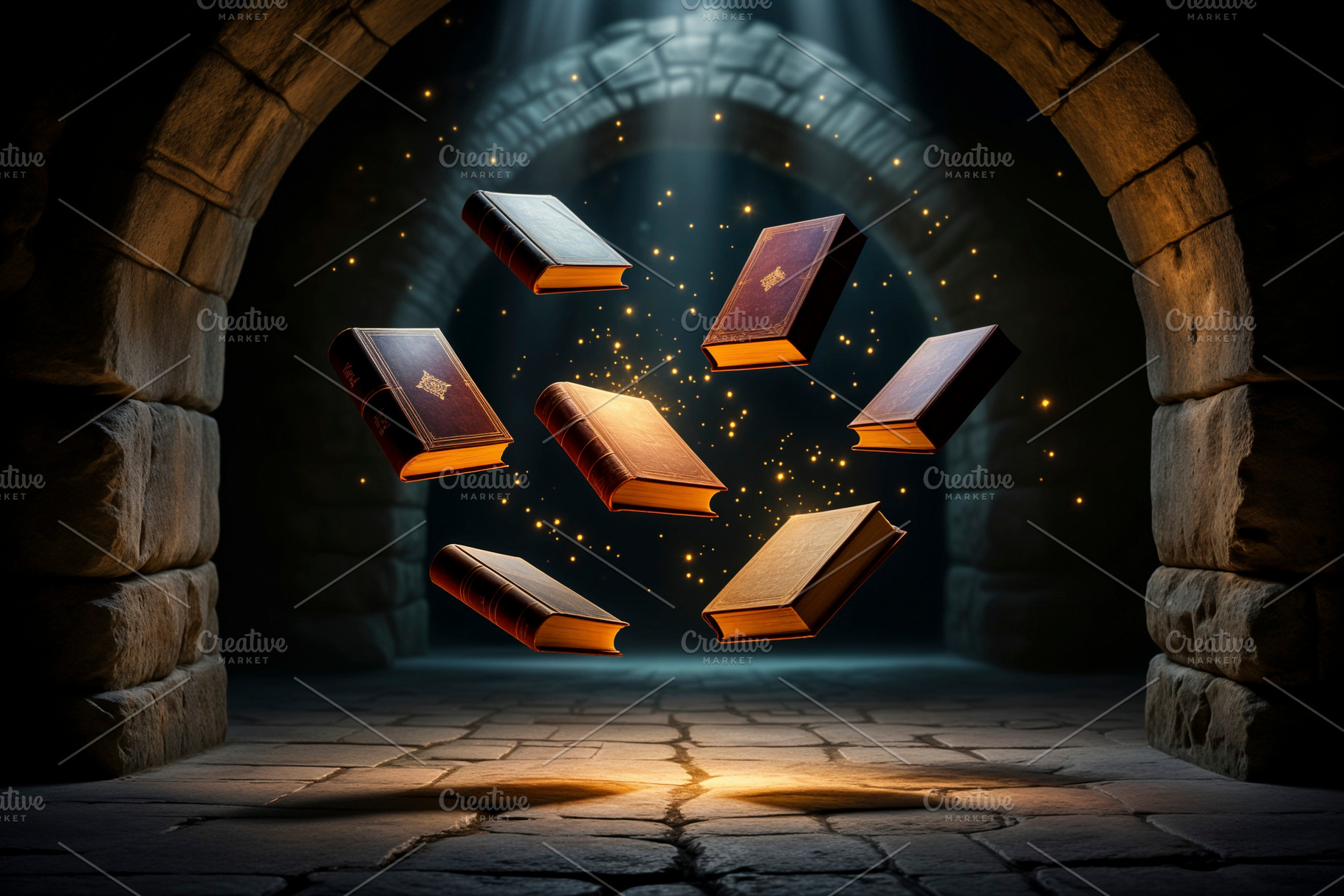 Ethereal ancient books levitating, a Photo by rarrarorro