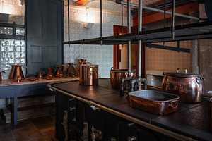 Antique stove with copper cookware, a Food & Drink Photo by SkyNext