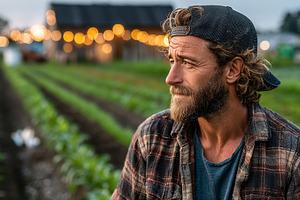 Man standing in a field with a barn lighting the evening, a Photo by AS photostudio