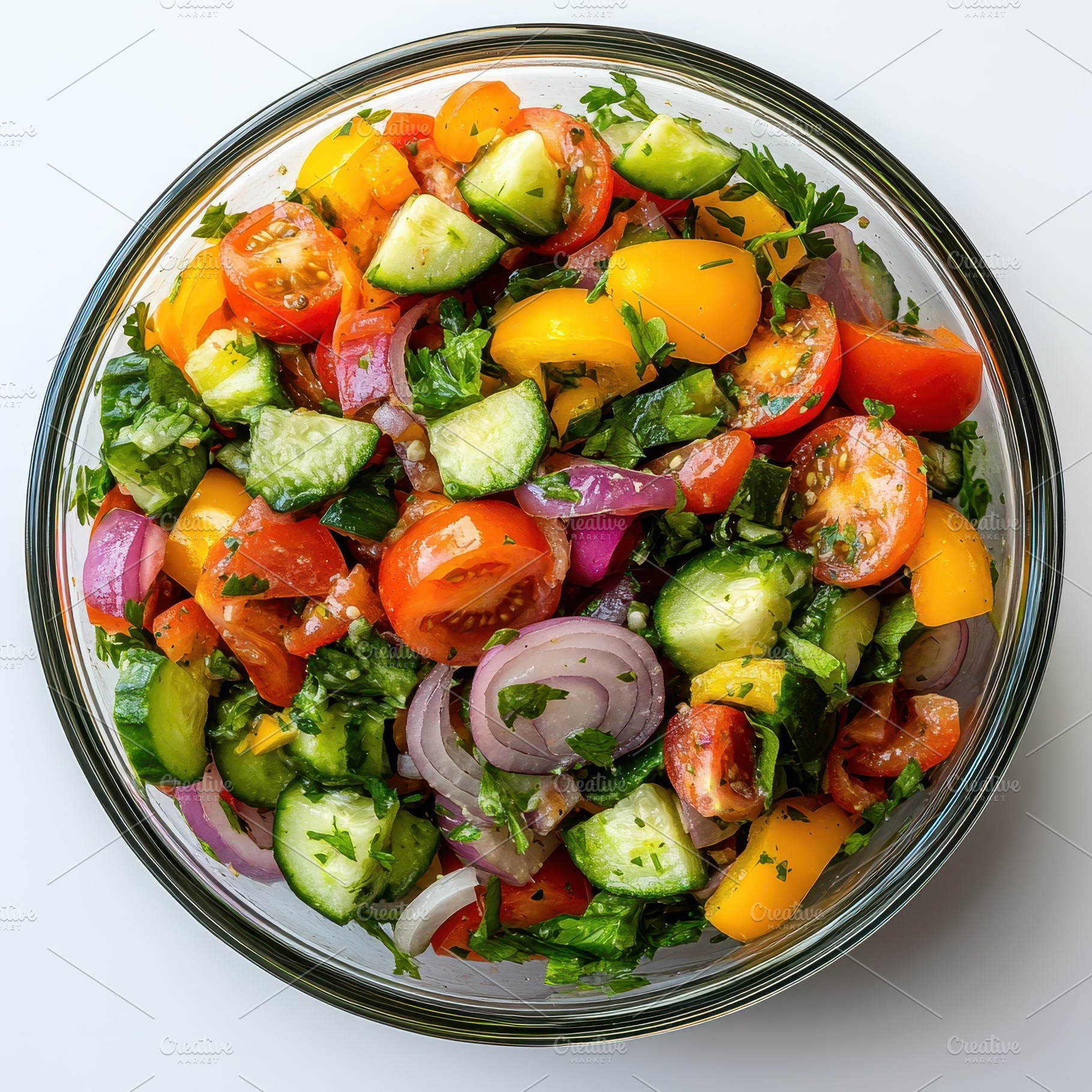 Fresh vibrant salad in glass bowl cu, a Food & Drink Photo by Pixeness Studio