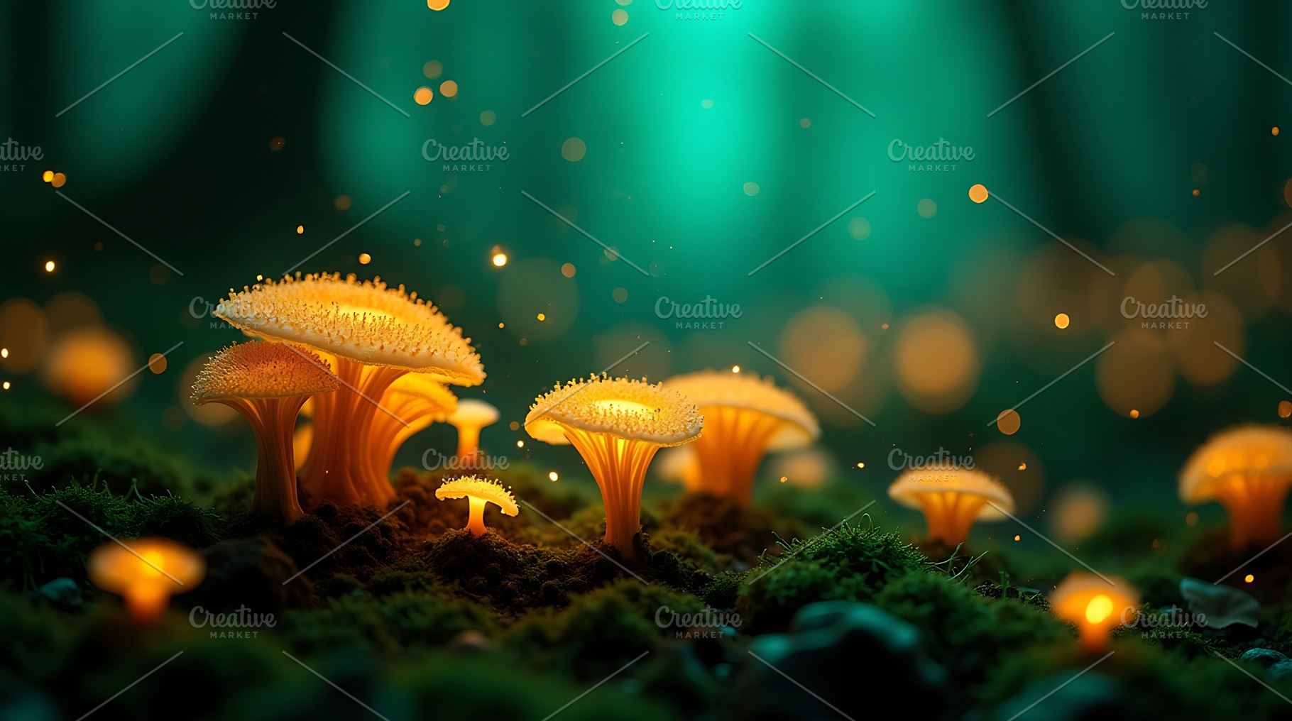 Glowing mushrooms in enchanted fores, a Nature Photo by Artonix