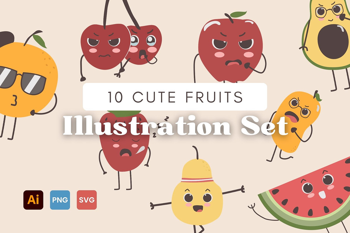 Cute Fruits Illustration Set, a Food Illustration by GravitaSign (Photo 1 of 2)