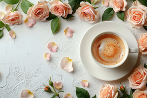Coffee cup with peach roses on white textured background flat la, a Holiday Photo by José Manuel Gelpi