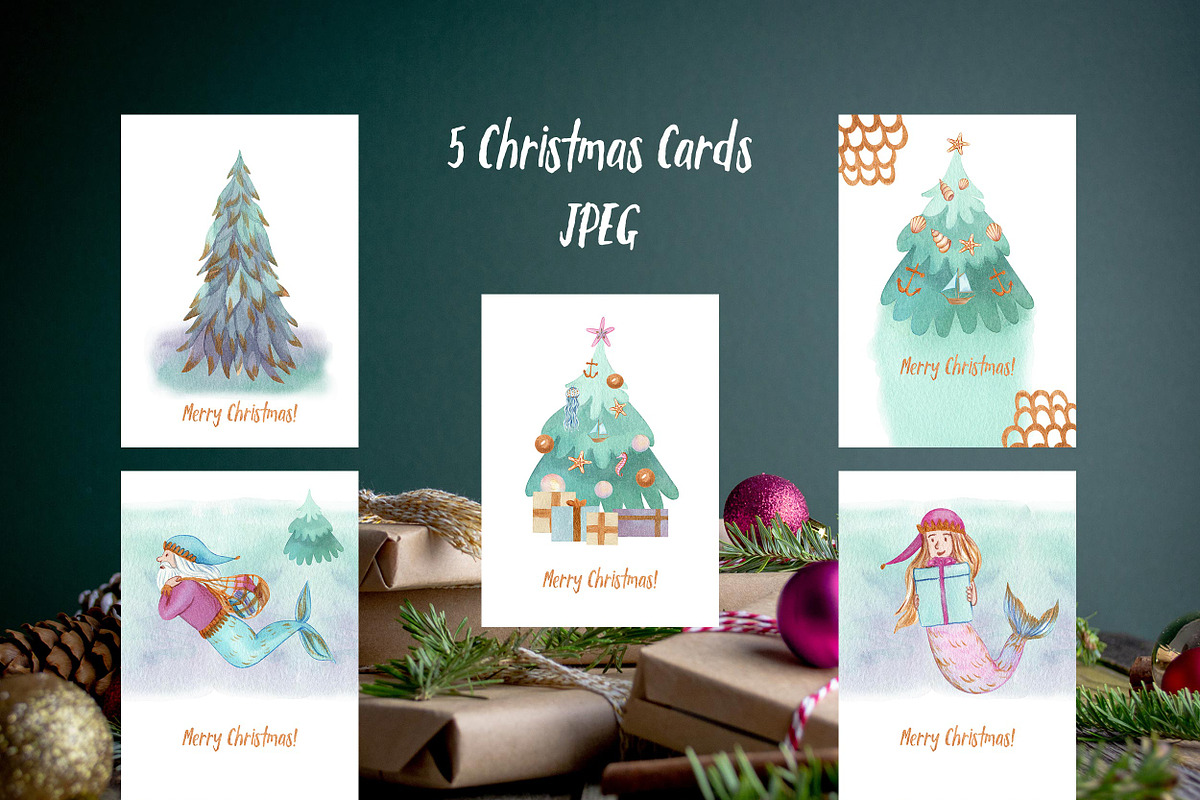 Mermaid Christmas Watercolor Clipart, a Seasonal Illustration by Catch the Dream Art (Photo 6 of 8)