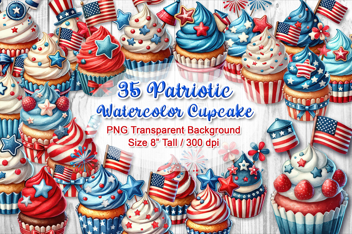 35 Patriotic Watercolor Cupcake Set, an Object Graphic by V Design Creator (Photo 1 of 10)