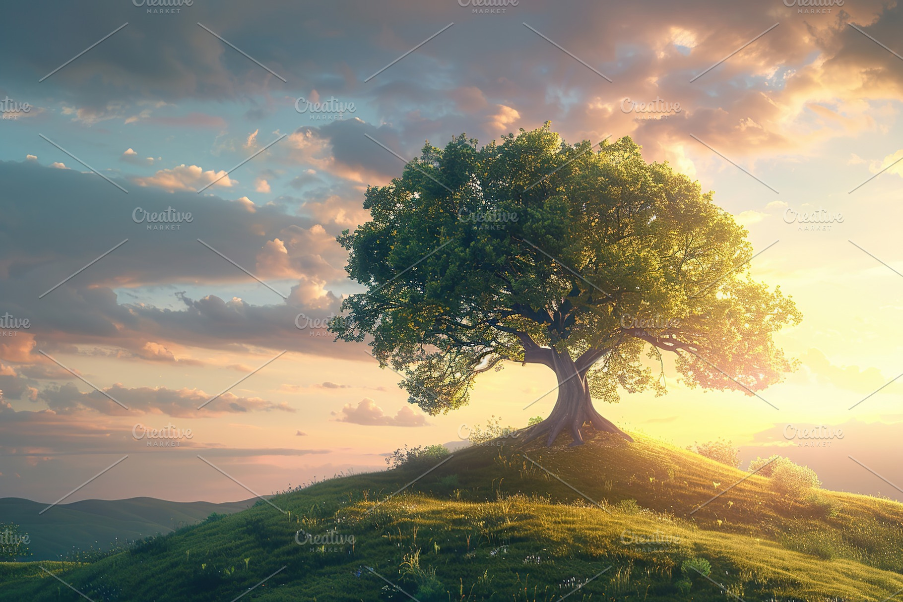Green oak tree on green field on a hill on sunset sky background, a Nature Photo by AlyaAnd