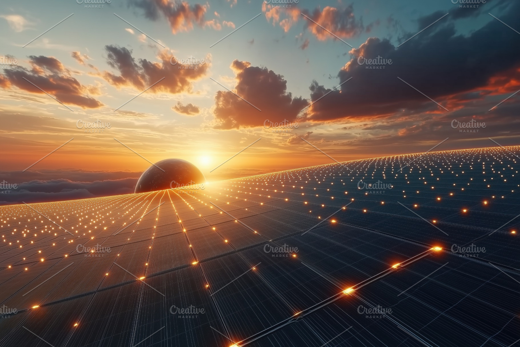 A futuristic landscape featuring solar panels extending towards the horizon, il, a Technology Photo by Textures & Backgrounds