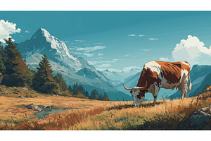 Cow grazing in mountain valley, an Animal Illustration by AlexArt