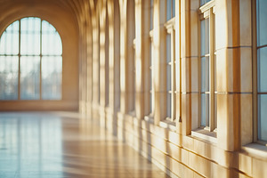 Sunlit corridor with arched windows, an Architecture Photo by Lermont51