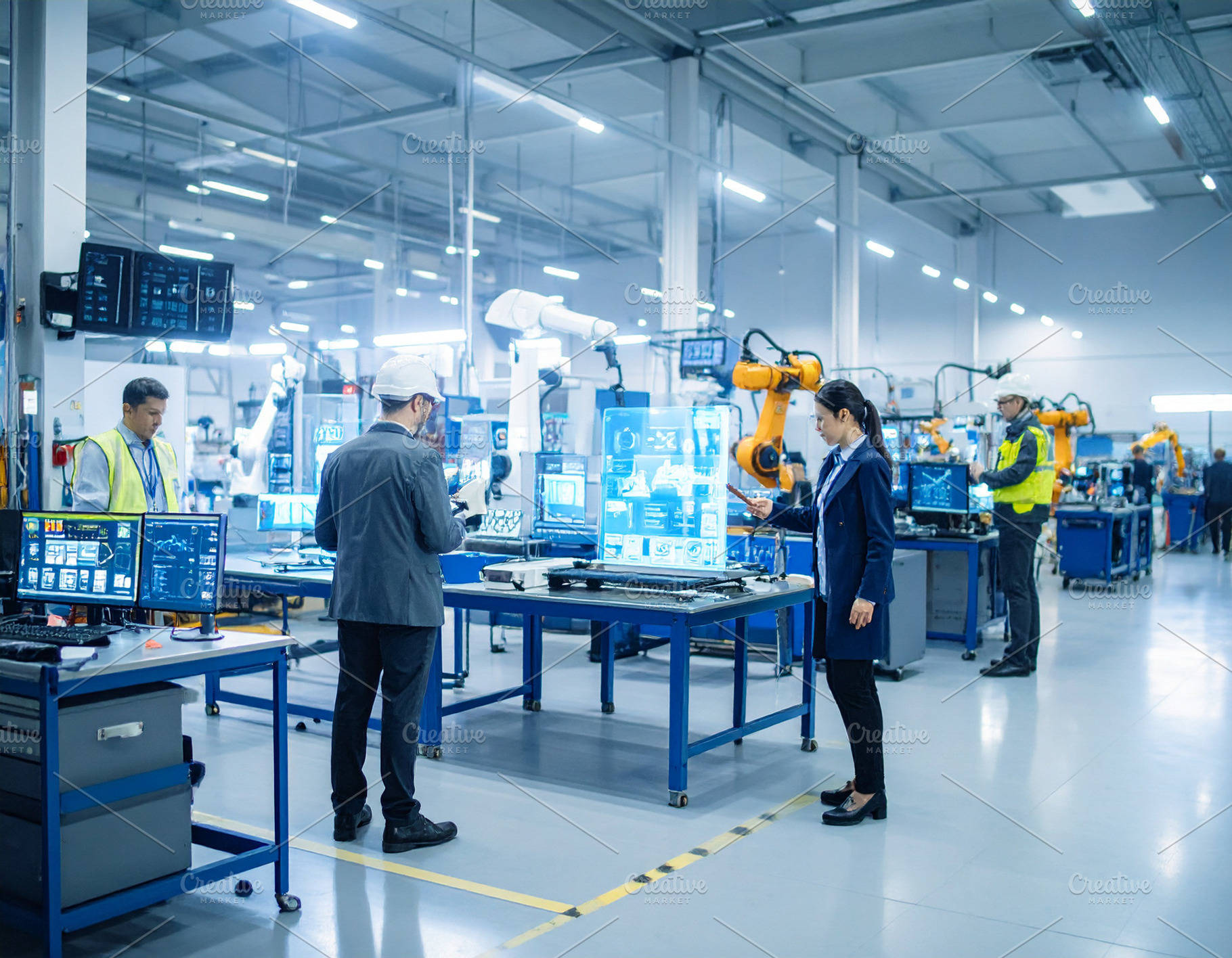 Industrial floor where robotic arms work alongside humans, an Industrial Photo by DanFLCreativo