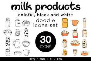Milk products doodle icons set