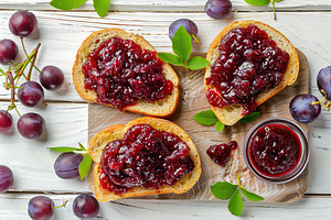 Toast breads with sweet plum jam on white wooden table, a Food & Drink Photo by AlyaAnd