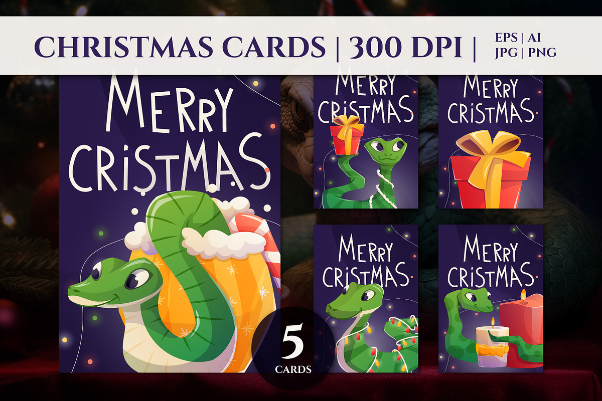 5 Christmas Cards with Snakes, a Card Template by EeKayStore (Photo 1 of 4)